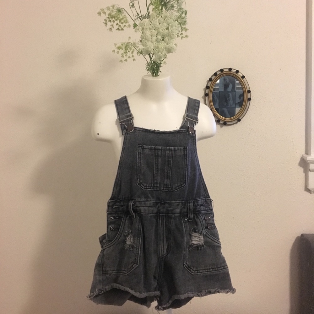 Gray distressed overalls